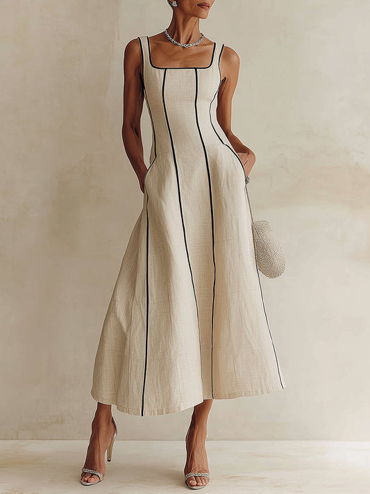 Vestido largo minimalista en línea A color albaricoque con vivos negros