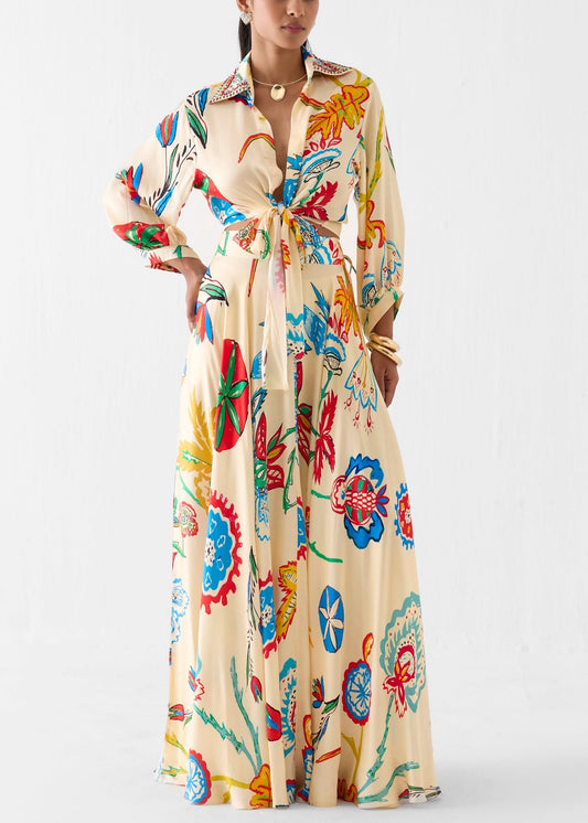Conjunto boho de dos piezas de vacaciones: camisa anudada a la cintura y falda maxi con estampado floral tropical