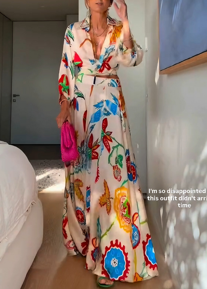 Conjunto boho de dos piezas: camisa anudada a la cintura y falda larga con estampado floral tropical