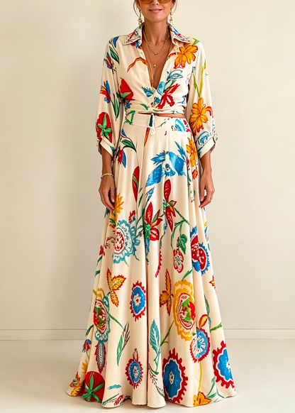 Conjunto boho de dos piezas de vacaciones: camisa anudada a la cintura y falda maxi con estampado floral tropical