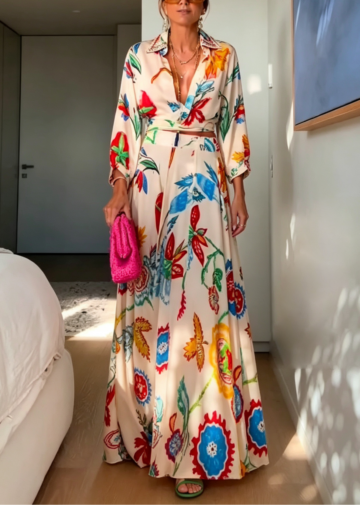Conjunto boho de dos piezas: camisa anudada a la cintura y falda larga con estampado floral tropical