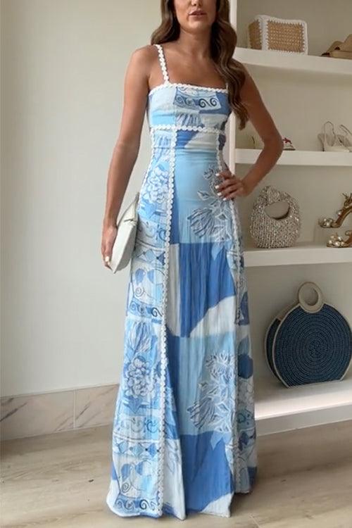 Vestido largo de tirantes estampado con vuelo, tirantes ondulados y lazo en la espalda