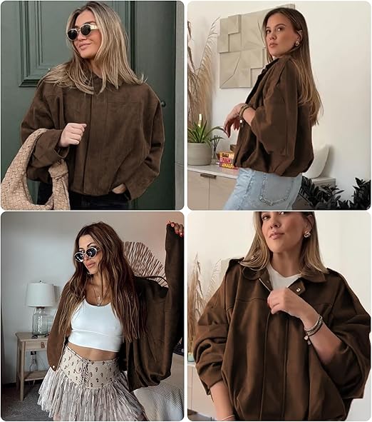 Chaqueta corta estilo aviador de ante con solapa para mujer