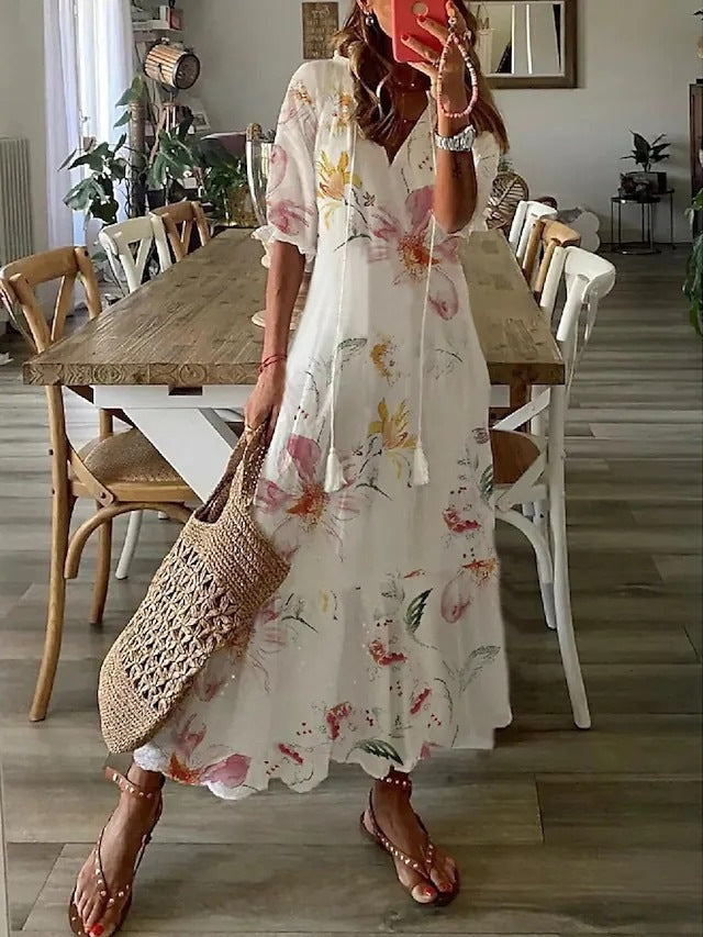Vestido largo casual holgado estampado con cuello en V