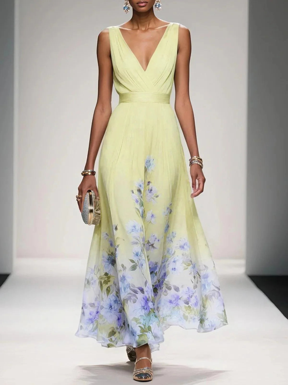 Vestido largo de gasa azul claro con flores, cuello en V y sin mangas