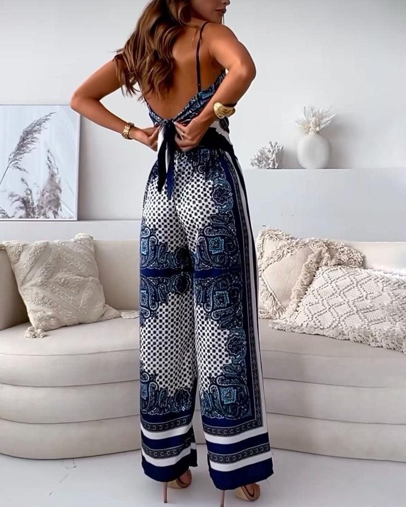 Conjunto de dos piezas: chaleco estampado con lazada y pantalón