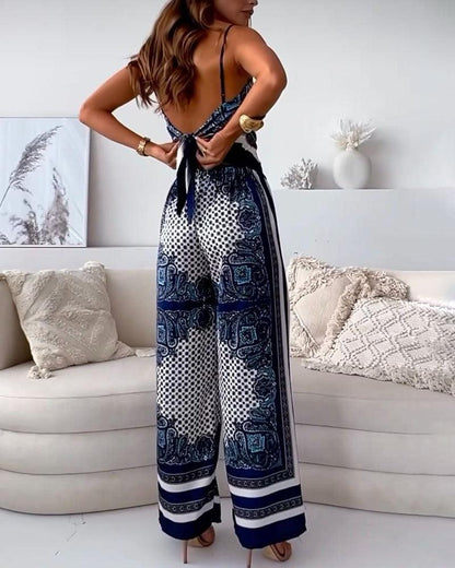 Conjunto de dos piezas: chaleco estampado con lazada y pantalón
