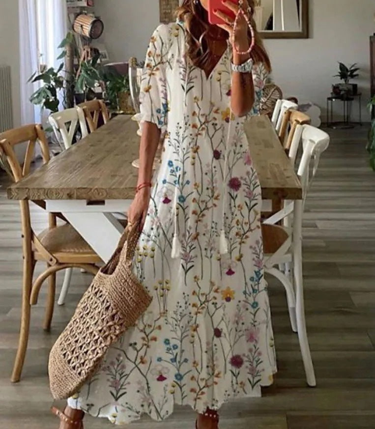 Vestido largo casual holgado estampado con cuello en V