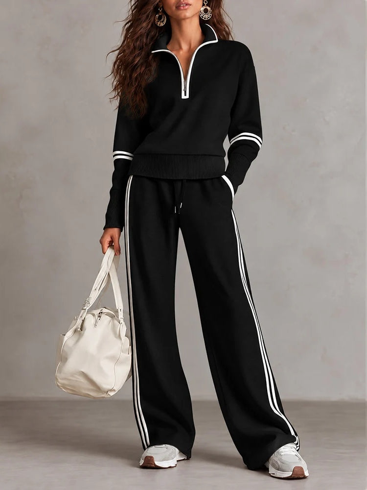 Conjunto blanco de sudadera de canalé con media cremallera y pantalón de pierna ancha bicolor
