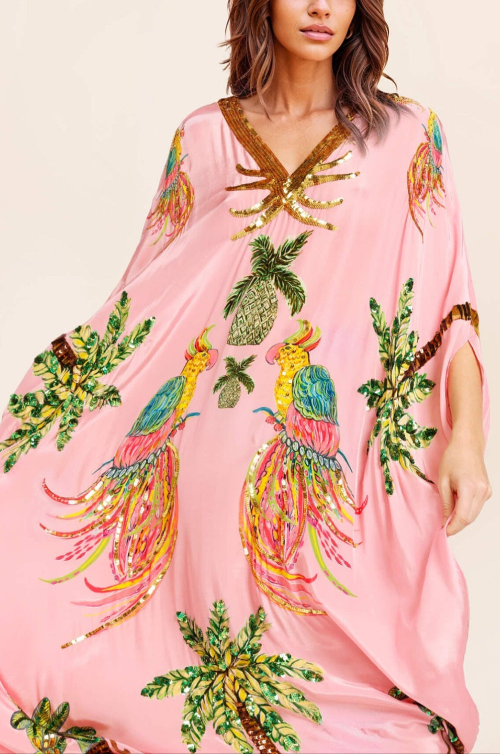 Vestido con estampado de palmeras y manga de hombro caído