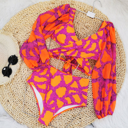 Bikini de manga larga de tul con cuello en V y falda