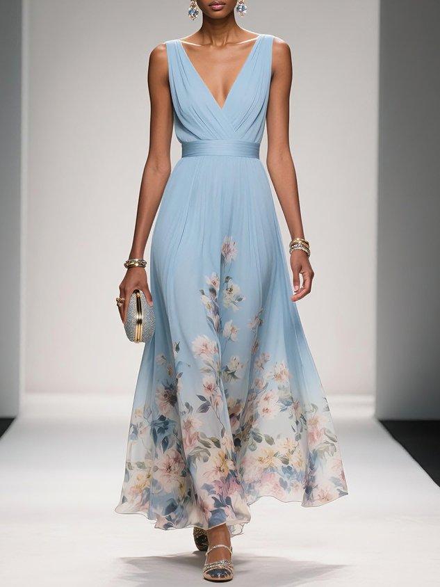 Vestido largo de gasa azul claro con flores, cuello en V y sin mangas