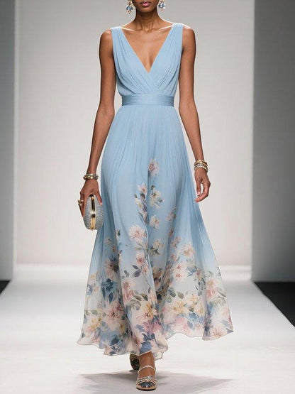 Vestido largo de gasa azul claro con flores, cuello en V y sin mangas