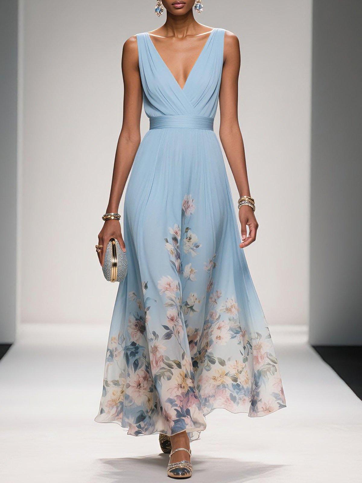 Vestido largo de gasa azul claro con flores, cuello en V y sin mangas
