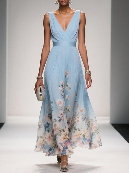 Vestido largo de gasa azul claro con flores, cuello en V y sin mangas