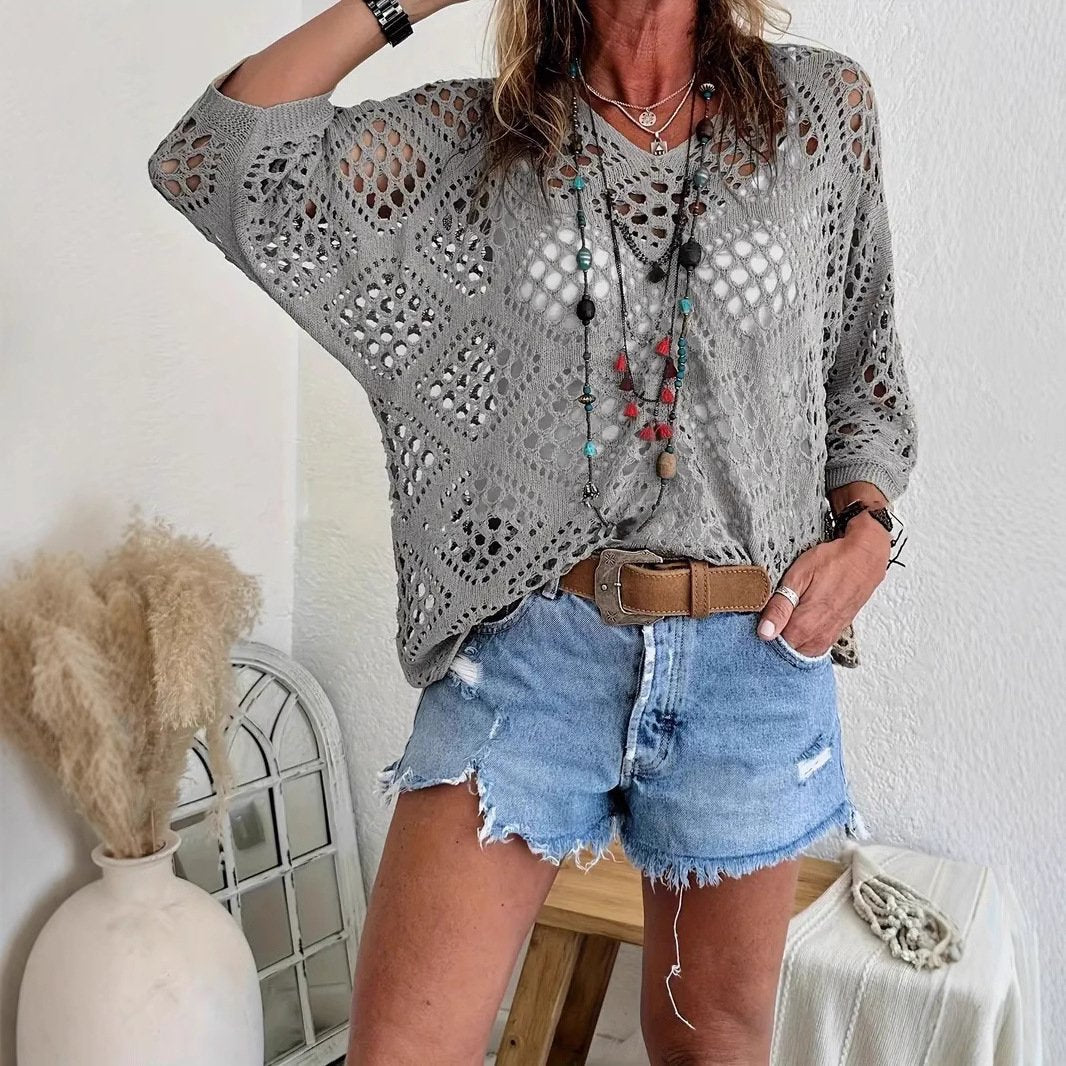 Top bohemio de punto calado de rombos con cuello en V y manga murciélago