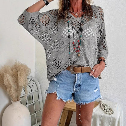 Top bohemio de punto calado de rombos con cuello en V y manga murciélago