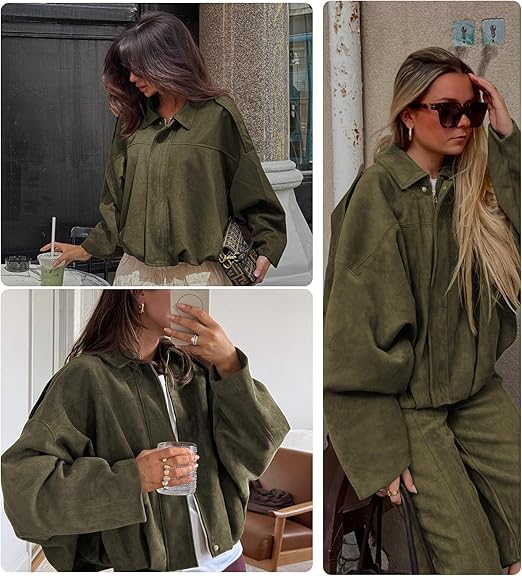Chaqueta corta estilo aviador de ante con solapa para mujer