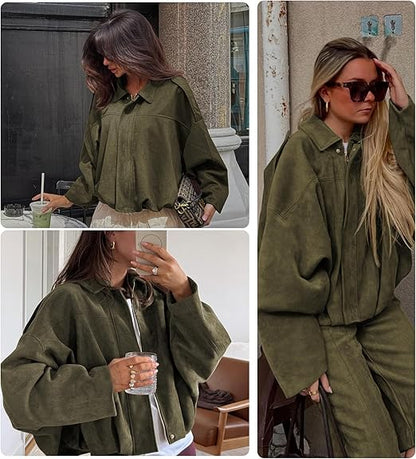 Chaqueta corta estilo aviador de ante con solapa para mujer