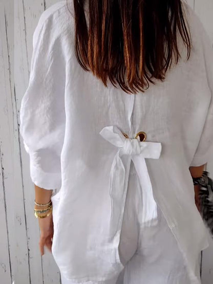 Camisa casual lisa de algodón y lino