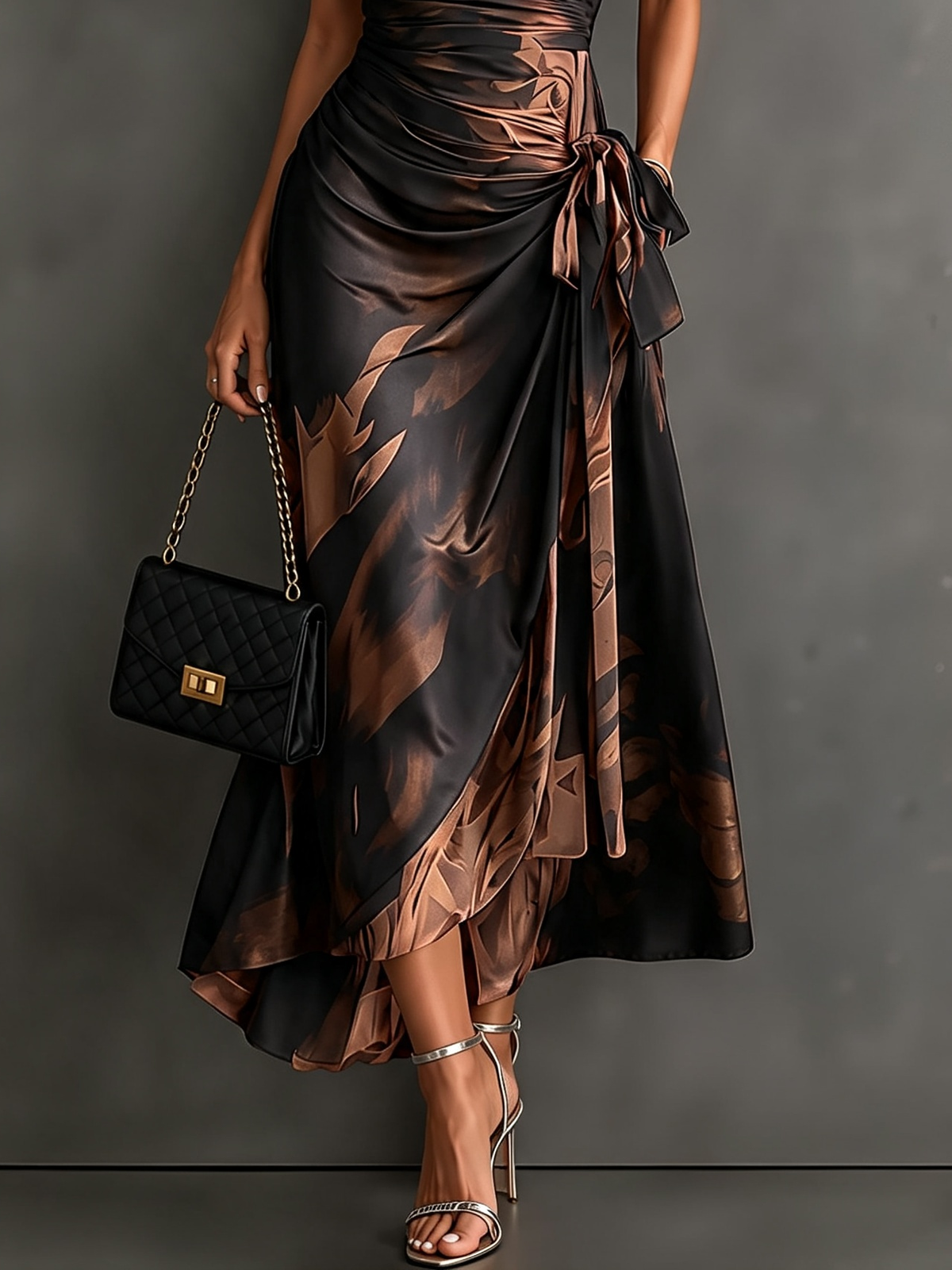 Vestido midi cruzado con estampado abstracto marrón y negro, cuello camisero en V, manga corta, lazo en la cintura y bajo asimétrico con volantes