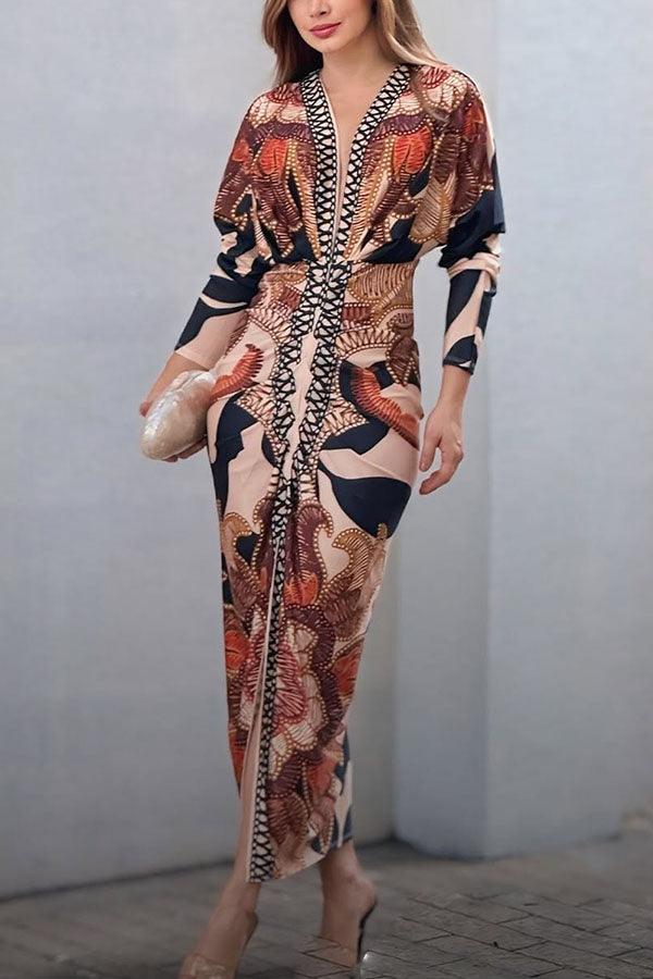 Vestido midi estampado de manga larga murciélago, fruncido y con abertura