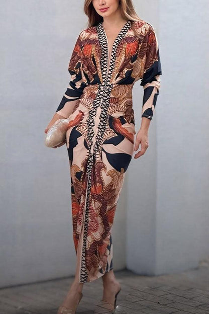 Vestido midi estampado de manga larga murciélago, fruncido y con abertura