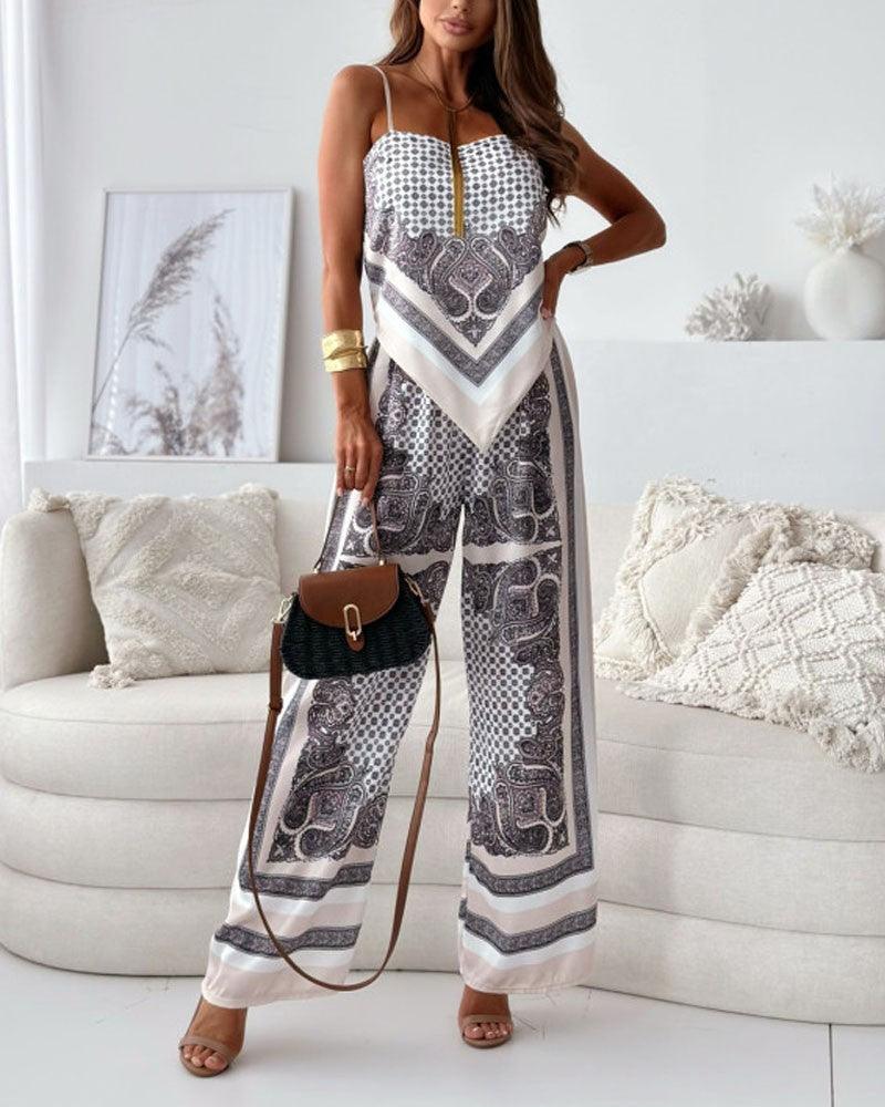 Conjunto de dos piezas: chaleco estampado con lazada y pantalón