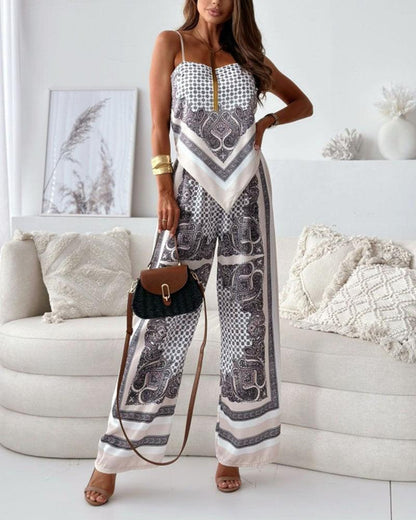 Conjunto de dos piezas: chaleco estampado con lazada y pantalón