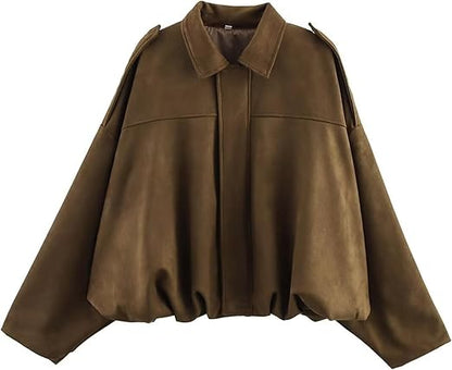 Chaqueta corta estilo aviador de ante con solapa para mujer