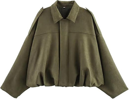 Chaqueta corta estilo aviador de ante con solapa para mujer