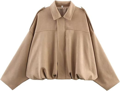 Chaqueta corta estilo aviador de ante con solapa para mujer