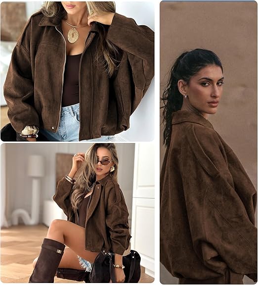 Chaqueta corta estilo aviador de ante con solapa para mujer