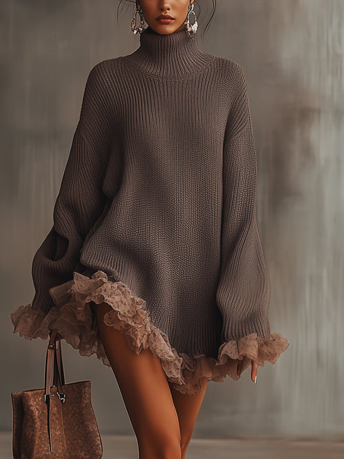 VALENTINA | Vestido jersey de punto cálido con cuello alto y volantes