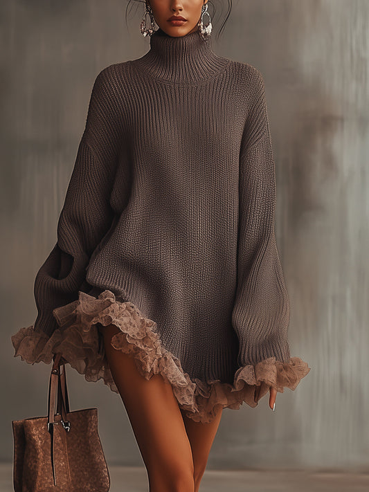 VALENTINA | Vestido jersey de punto cálido con cuello alto y volantes