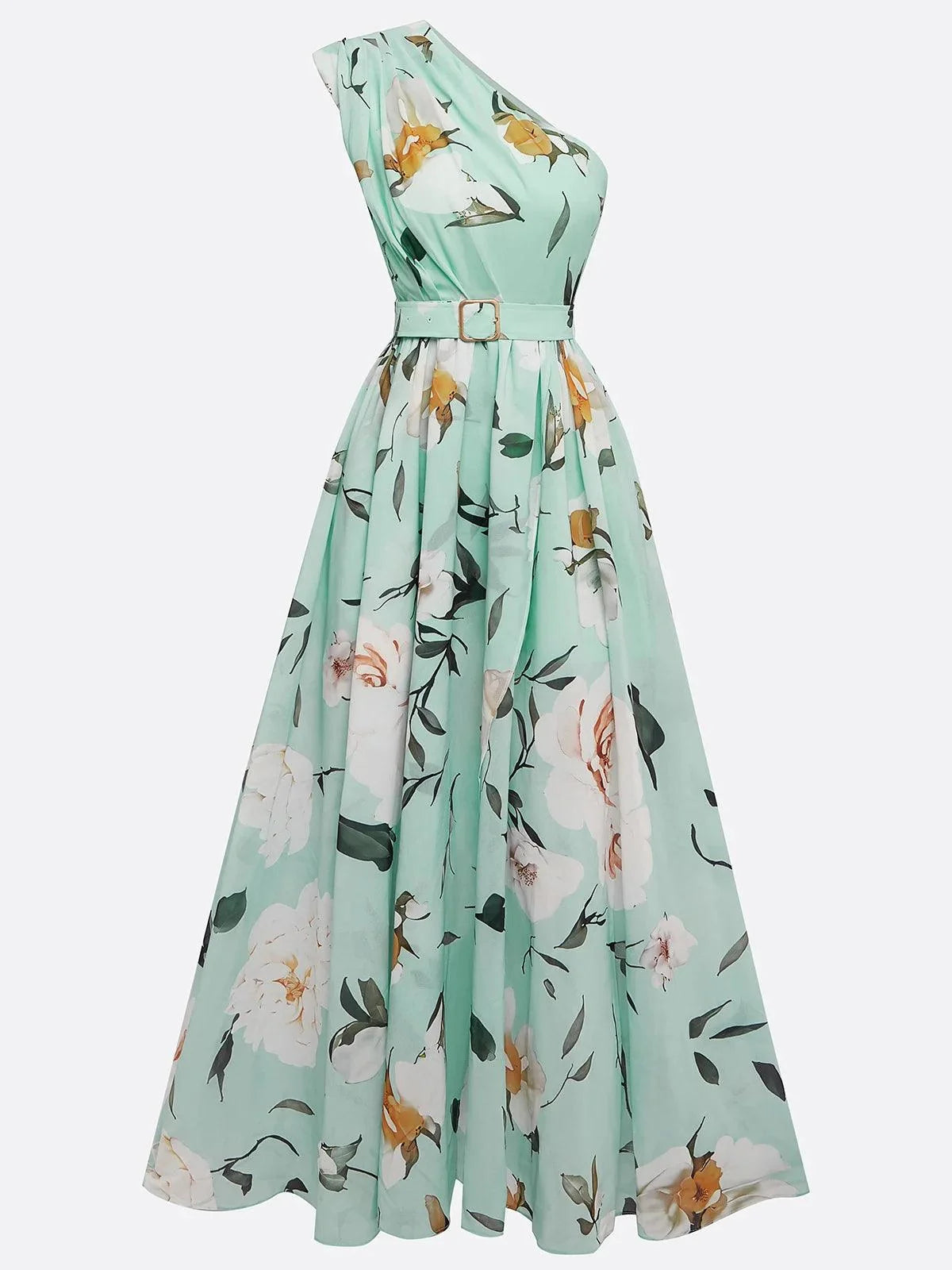 Vestido largo de gasa verde claro con flores, fruncido y de un solo hombro
