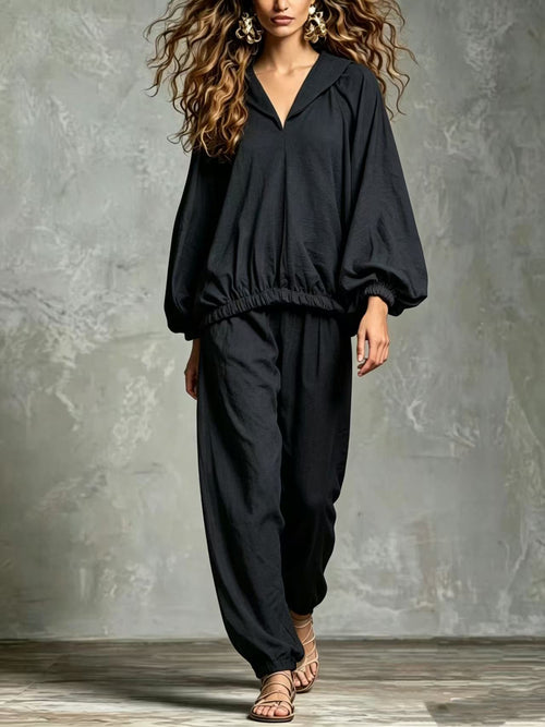 Conjunto de pantalón casual chic con top holgado de cuello en V y manga farol