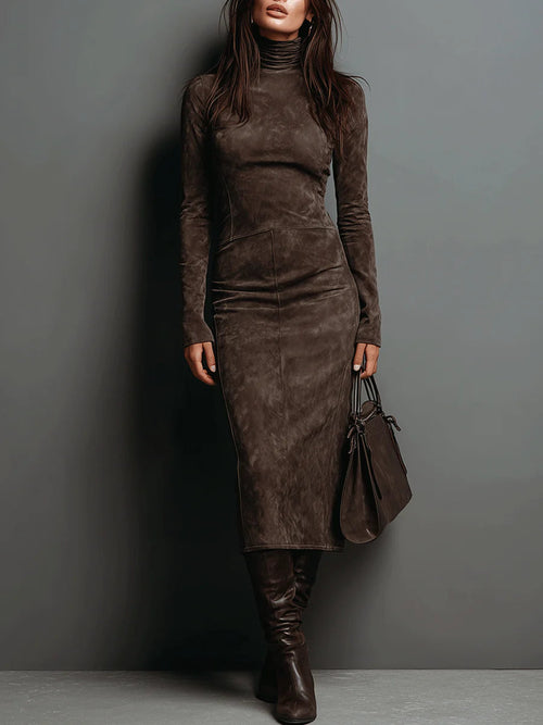 Vestido midi de antelina de cuello alto y manga larga
