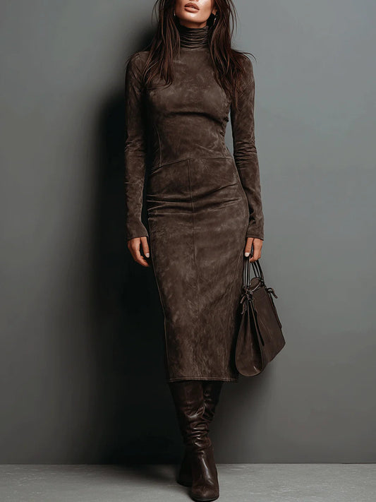 Vestido midi de antelina de cuello alto y manga larga