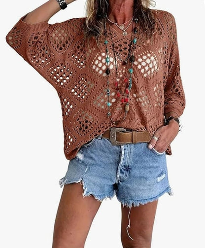 Top bohemio de punto calado de rombos con cuello en V y manga murciélago