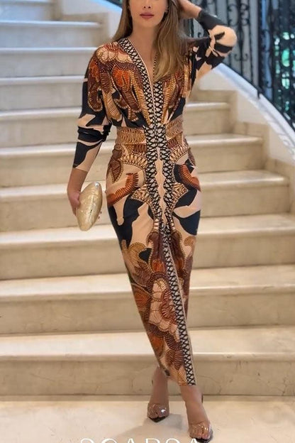 Vestido midi estampado de manga larga murciélago, fruncido y con abertura