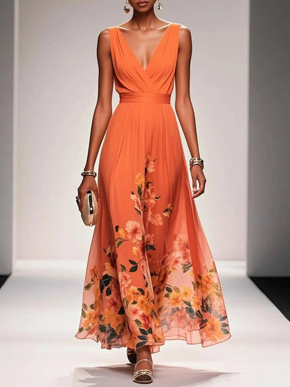Vestido largo de gasa azul claro con flores, cuello en V y sin mangas