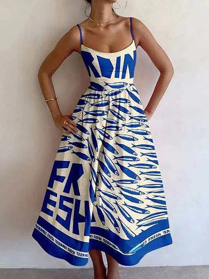 Vestido de tirantes vintage con estampado de sardinas