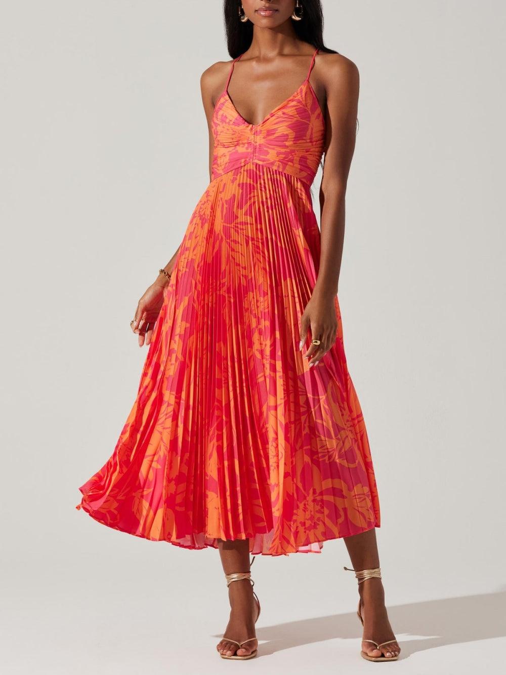 Elegante vestido midi plisado con estampado floral