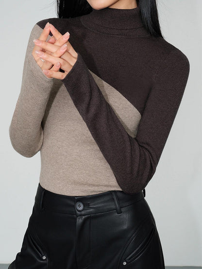 Top de punto de manga larga con cuello perkins y patchwork asimétrico