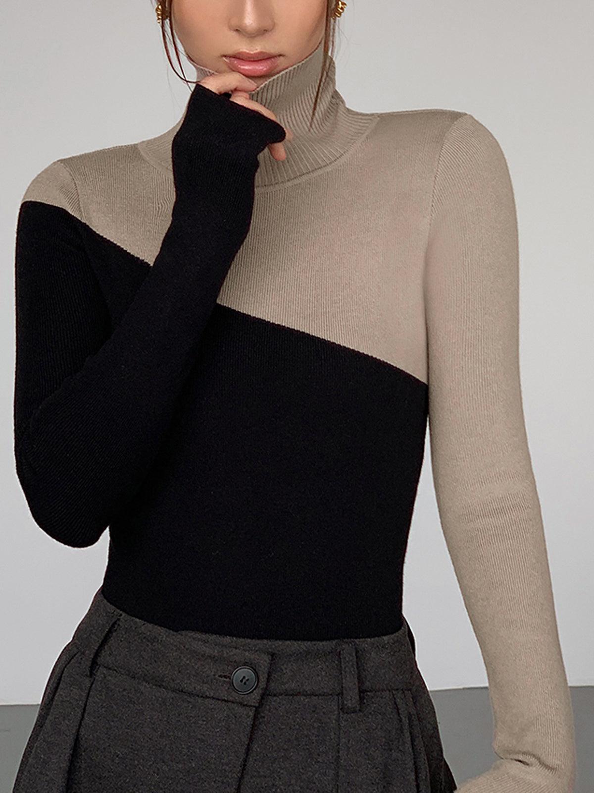 Top de punto de manga larga con cuello perkins y patchwork asimétrico