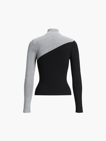 Top de punto de manga larga con cuello perkins y patchwork asimétrico
