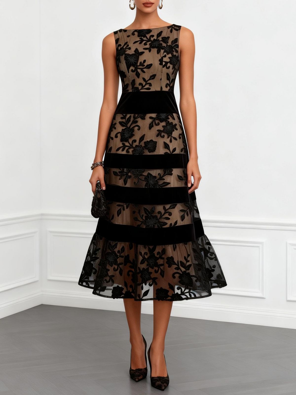 Vestido midi negro de malla floral sin mangas en línea A