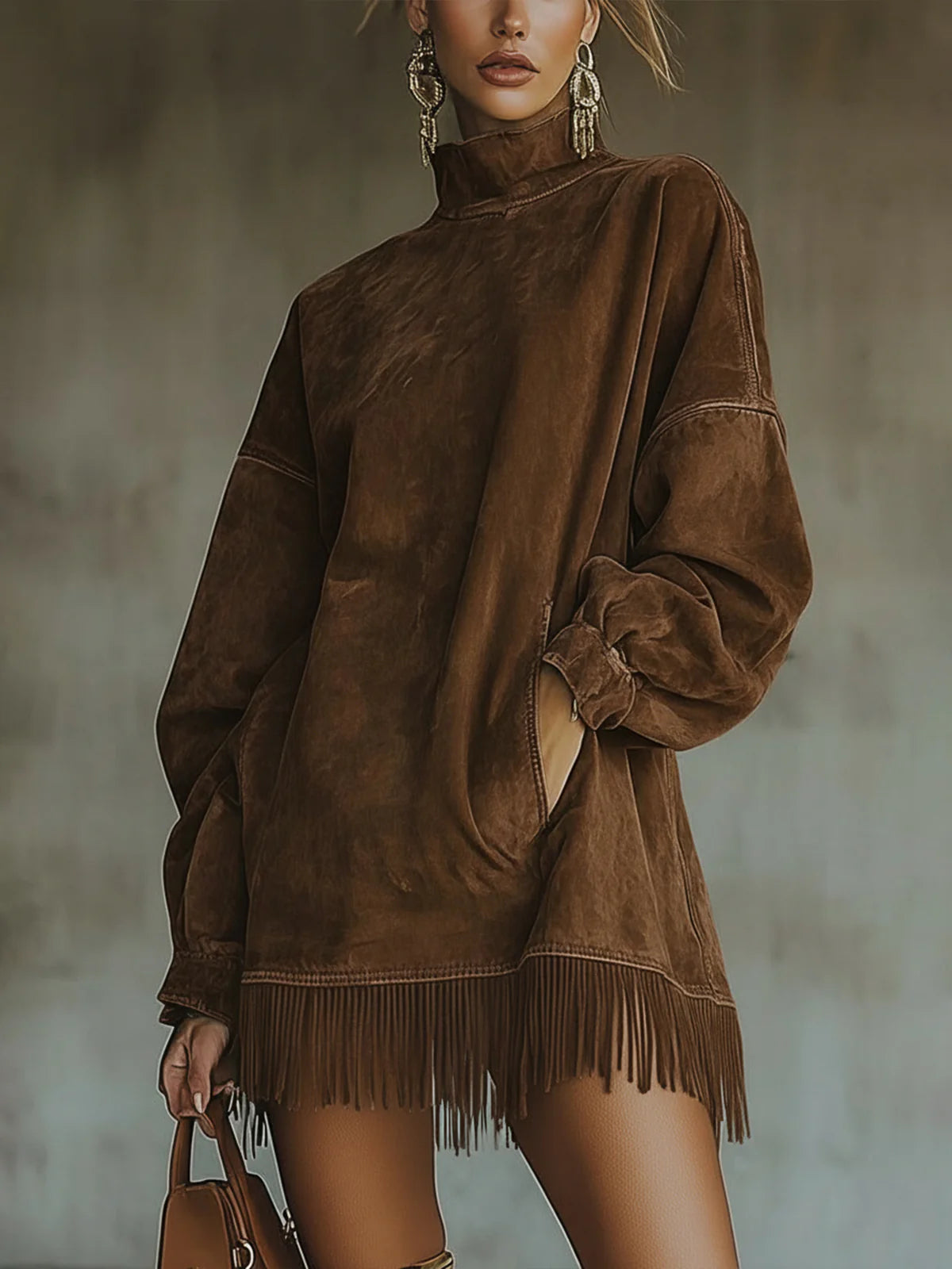 Vestido de antelina con cuello alto y bajo de flecos