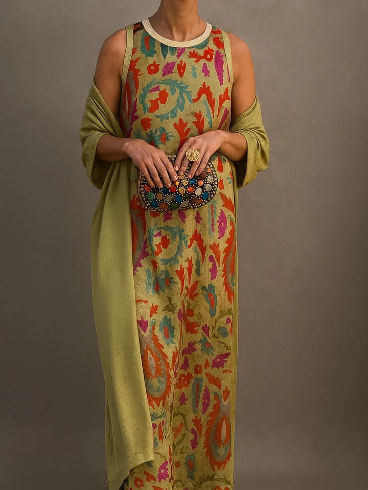 Elegante vestido estampado de dos piezas con capa